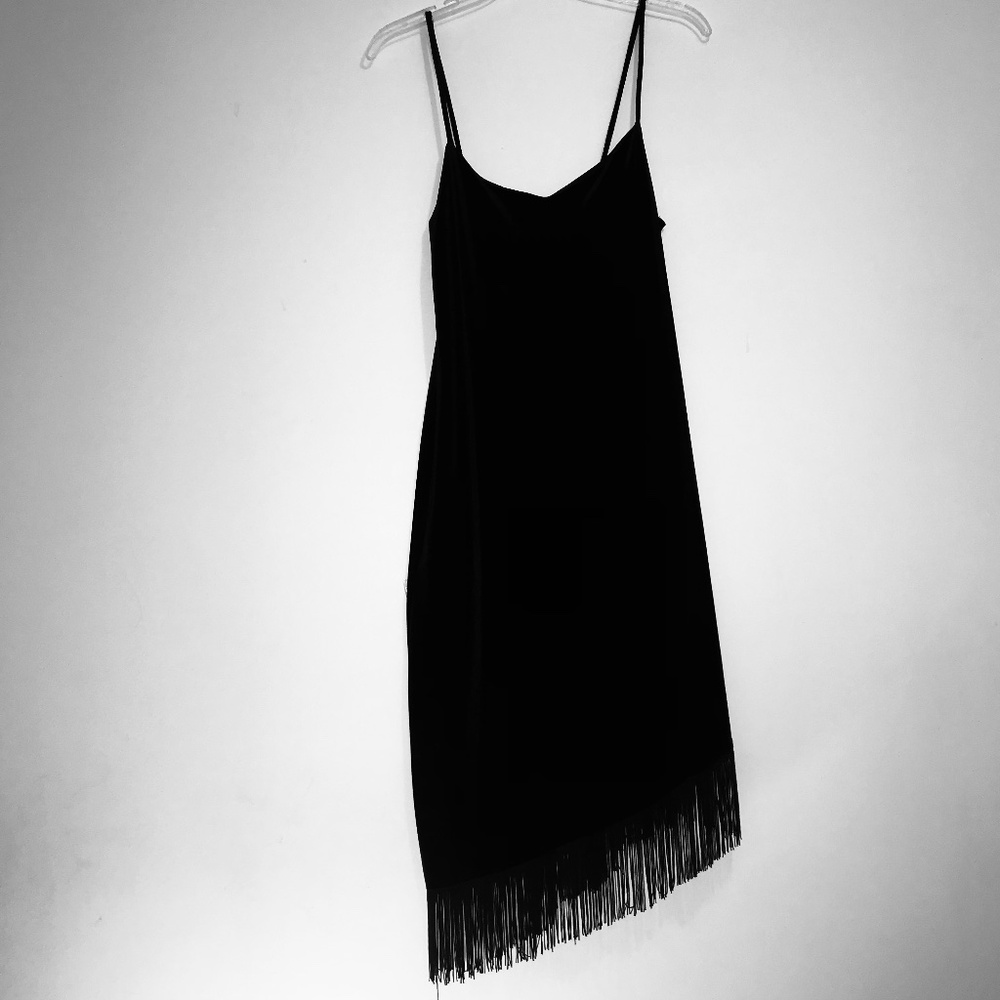 NWT Joyce Leslie Moa Moa Black Velvet Strapless Dress Fringe Bias Cut Hem Large